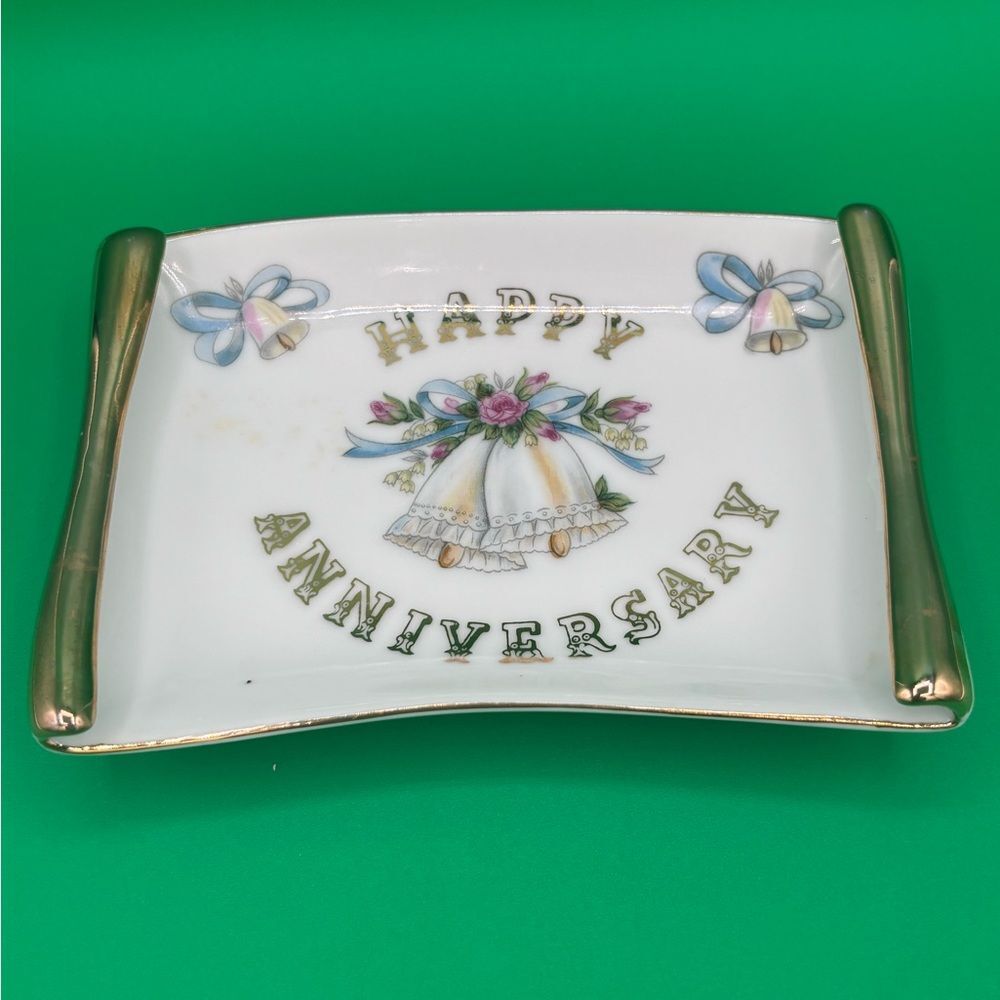 Vintage Lefton Happy Anniversary Trinket Dish 8x6 Japan Stamped #5510 w/Sticker